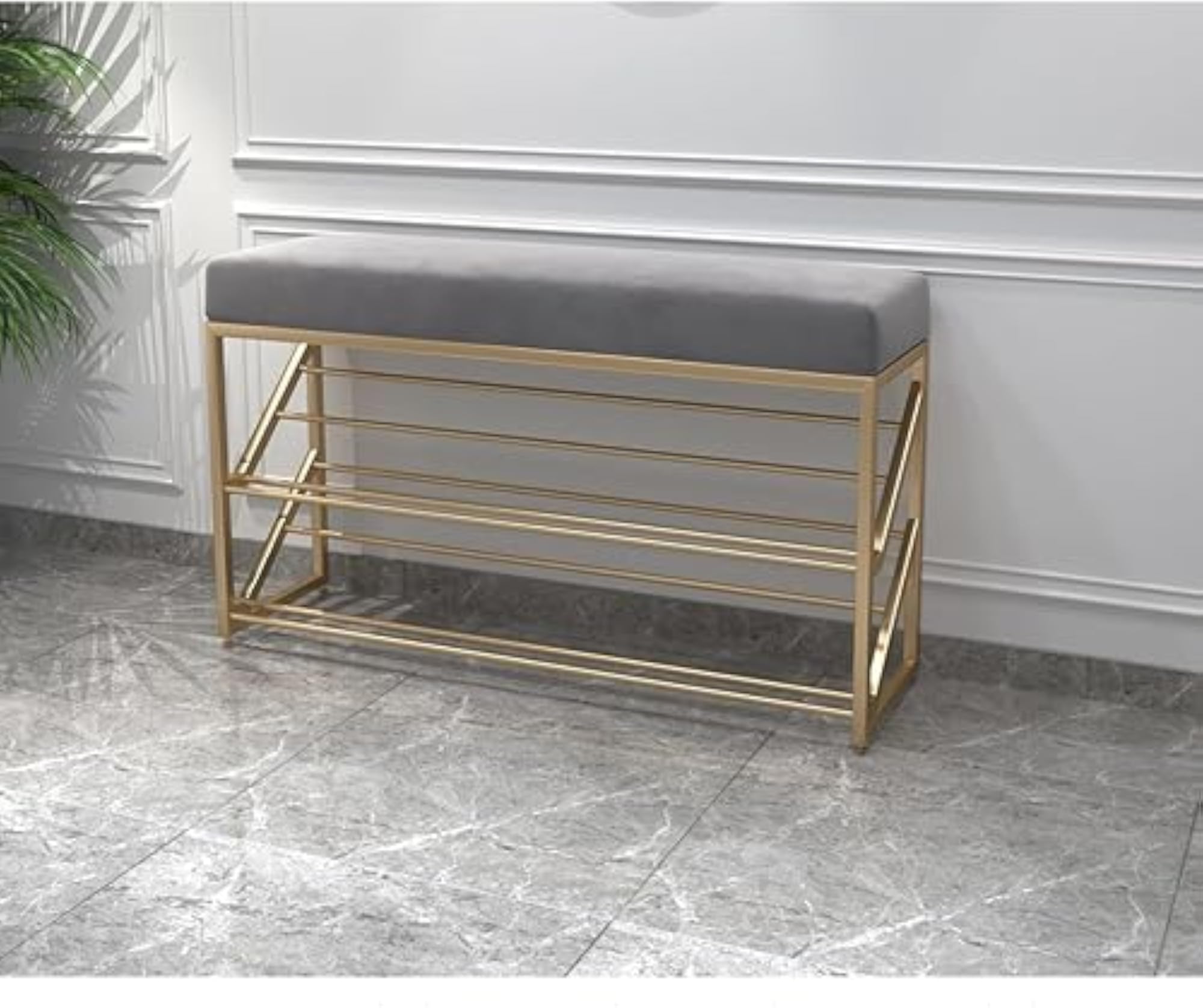 2 Tier Entryway Shoe Storage Rack with Padded Cushion Seat - Grey